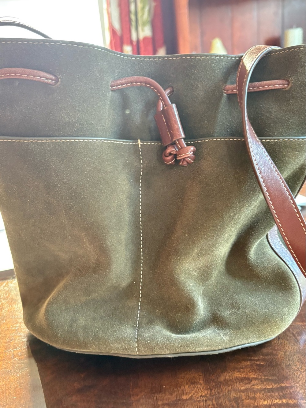 J. Mc.Laughlin Olive Suede Drawstring Shoulder Bag with Brown Leather Trim